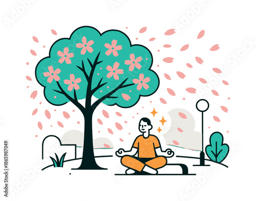 Serene Blossom Moment. Cherry Blossom Breeze. A single tree in bloom scatters pink petals across a small minimalist park. A figure sits under the tree with