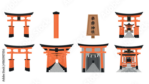 Japanese torii gates and temple elements with traditional red and black design