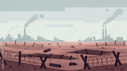 Industrial landscape with factories and smokestacks in a desolate environment