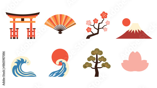 Traditional japanese icon set: culture and nature elements