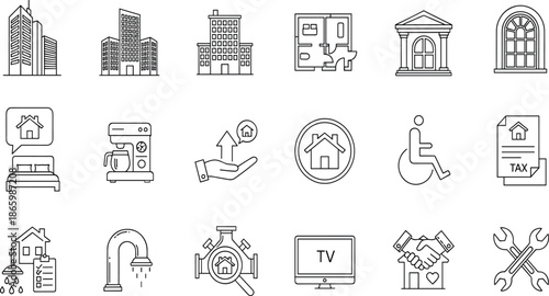Set of linear vector icons featuring real estate buildings, property management, home maintenance, housing finance, accessibility symbols, and architectural elements.