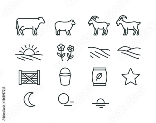 Pasture Dusk Icons. Pasture at Dusk. Line icon set of Pasture at Dusk: cow silhouette, sheep, goat, setting sun, long shadows, hillside, meadow flowers, wooden