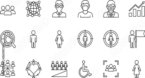 Set of human resources icons, people management symbols, recruitment, teamwork, leadership, diversity, target audience, workforce, career growth, and professional community (21 words)