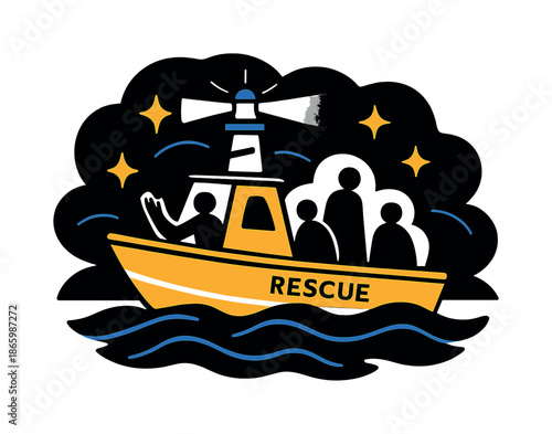 Rescue Boat Voyage. Night Evacuation Boat. A glowing rescue boat cuts through dark stylized waves, with beacon lights and floating star-like spark icons