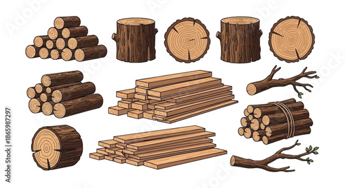 Assorted wood logs planks and branches in a decorative pixel art style