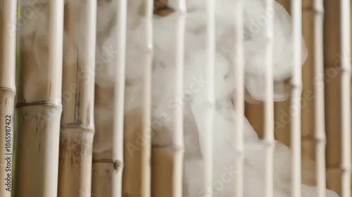 Vertical bamboo stalks with wisps of smoke creating a tranquil, natural atmosphere