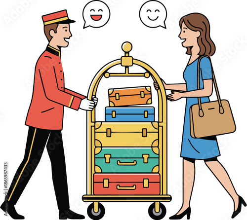 Smiling Bellhop Assists a Traveler with Her Suitcases on a Hotel Luggage Cart
