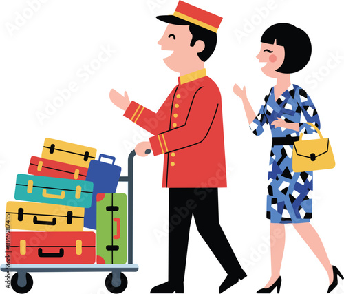 Hotel Bellhop Assists a Smiling Female Guest with Her Colorful Luggage