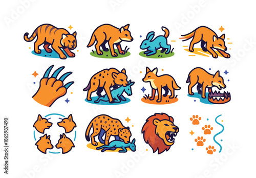 Animal Hunting Icons. Animal Hunting. Colorful isometric vector icons set of Animal Hunting: crouching predator, prey detection, attack dash, claws unsheathed,