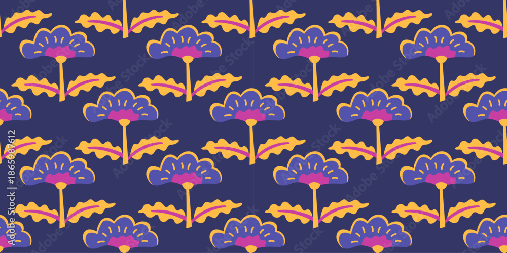 Fototapeta premium Minimal Nordic floral seamless background with soft pastel blossoms and simple folk shapes. Suitable for spring fabrics, gift wrapping, and romantic design projects