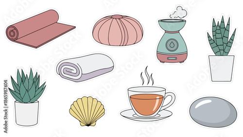 A colorful illustration of various spa and wellness items on a white background