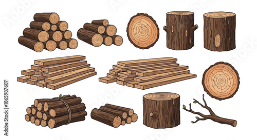 Assorted wood logs planks and branches in a decorative pixel art style