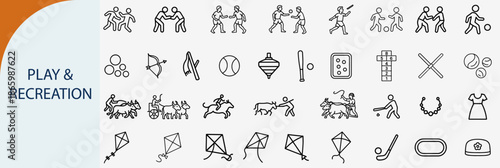 Set of 40 Village Sports Play and Recreation Outline Icons