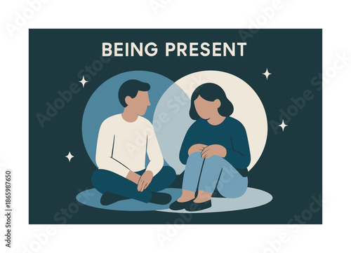 Silent Companionship. Being present. One figure simply sitting beside another in silence; layered circles showing shared space and stability. Subtle stars