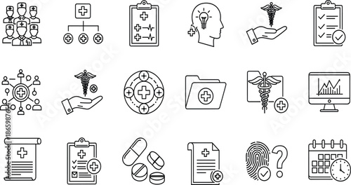 Set of medical healthcare icons, hospital symbols, professional doctor team, medicine elements, patient records, first aid, clinic services, and pharmaceutical outline (21 words)