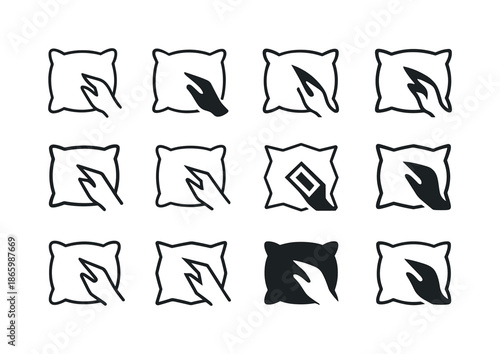 Fluffing Pillows Icons. Fluffing Pillows. Icon set. Set Logo of Fluffing Pillows: pillow corner being lifted by hand. harmonious logo variations of the same