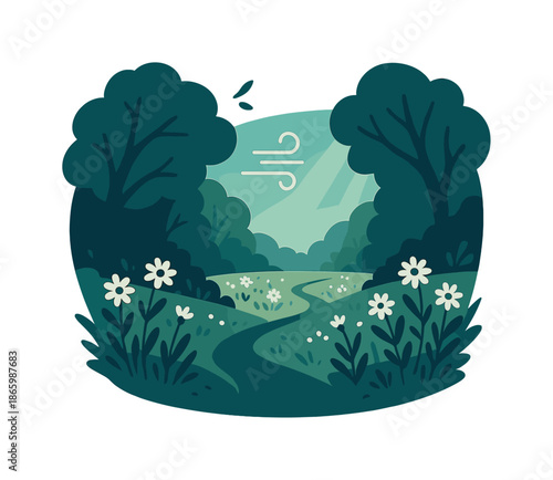 Enchanted Forest Glade. Hidden forest glade. A winding path opens into a quiet green pocket, wildflowers glowing under soft rays. Minimal icons show fresh air