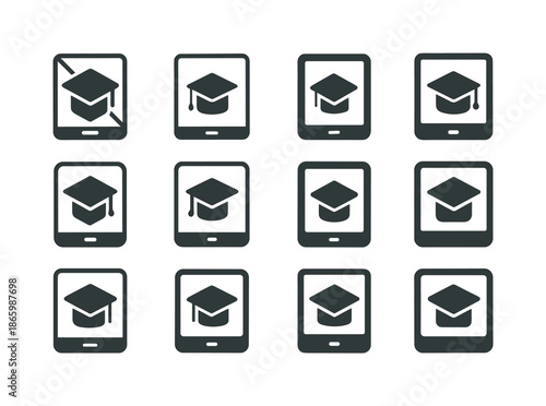 Educational Icons Grid. Education and learning materials. Icon set. Set Logo of Education and learning materials: digital tablet. harmonious logo variations of