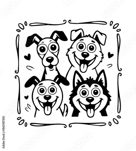  Dogs faces doodle Collection of hand drawn funny cute faces of dogs pets of different breeds and fur styles isolated on transparent background. Illustration of dogs breeds for kids