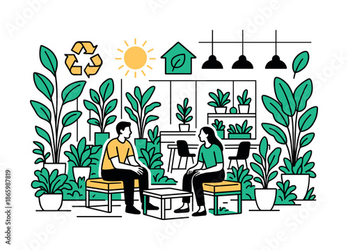 Sustainable Green Spaces. Biophilic design and green architecture ? sustainable communal areas. Shared spaces brim with greenery and natural textures; floating