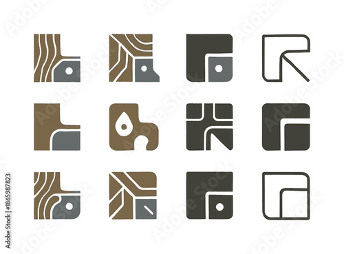 Rustic Icon Set. Wood and metal combo. Icon set. Set Logo of wood and metal combo: rustic furniture corner. harmonious logo variations of the same emblematic