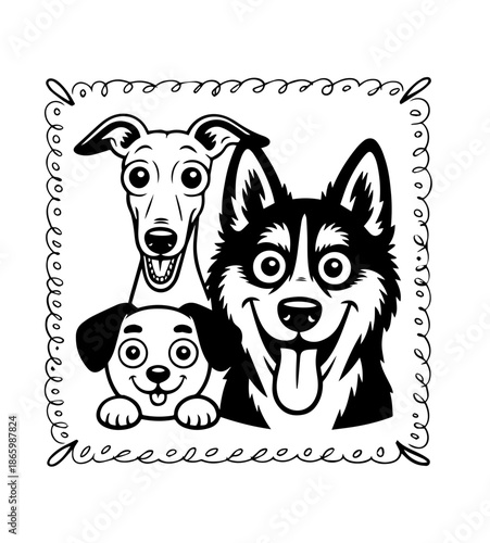  Dogs faces doodle Collection of hand drawn funny cute faces of dogs pets of different breeds and fur styles isolated on transparent background. Illustration of dogs breeds for kids