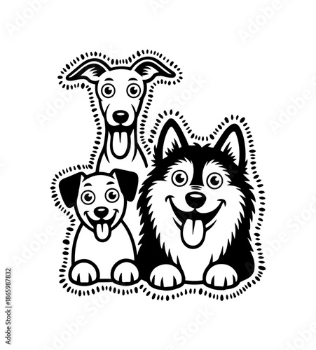  Dogs faces doodle Collection of hand drawn funny cute faces of dogs pets of different breeds and fur styles isolated on transparent background. Illustration of dogs breeds for kids