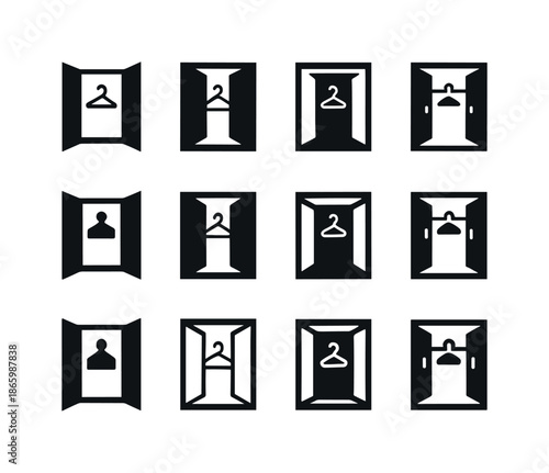Open Closet Logos. Open closet. Icon set. Set Logo of Open closet: walk-in wardrobe symbol. harmonious logo variations of the same emblematic concept, each