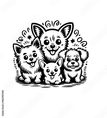  Dogs faces doodle Collection of hand drawn funny cute faces of dogs pets of different breeds and fur styles isolated on transparent background. Illustration of dogs breeds for kids