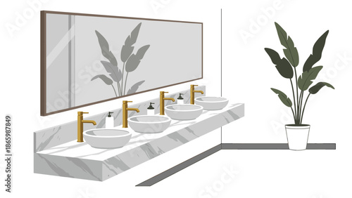 Modern and elegant public restroom with multiple white round sinks, golden faucets, a long mirror, and a green potted plant for a fresh ambiance.