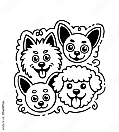  Dogs faces doodle Collection of hand drawn funny cute faces of dogs pets of different breeds and fur styles isolated on transparent background. Illustration of dogs breeds for kids