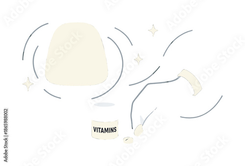 Bedside Vitamin Ritual. Bedside routine. A hand placing vitamins next to a glowing lamp; spark shapes hovering in quiet stillness. Light lines showing gentle