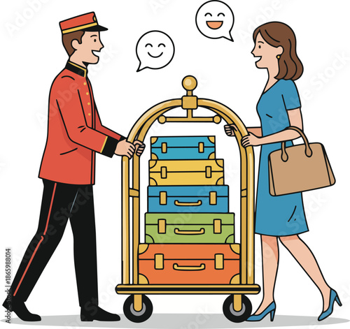 Hotel Bellhop Helping a Smiling Female Guest with Luggage Cart