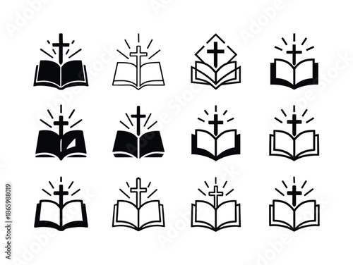 Catholic Mission Logo Variations. Catholic mission work. Icon set. Set Logo of Catholic mission work: open Bible and cross rays. harmonious logo variations of