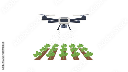 Agricultural drone efficiently spraying a field of neatly arranged crops on a clean white background, representing precise and modern farm management.