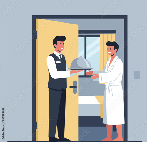 Hotel Room Service Staff Delivers Breakfast to Guest in Bathrobe