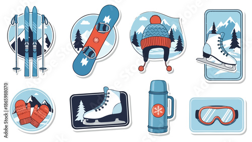 A collection of winter sports stickers featuring skiing, snowboarding, and ice skating equipment