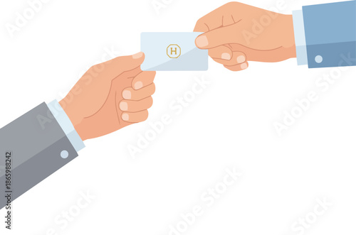 Two Business Hands Exchanging a Hotel Key Card with an H Logo