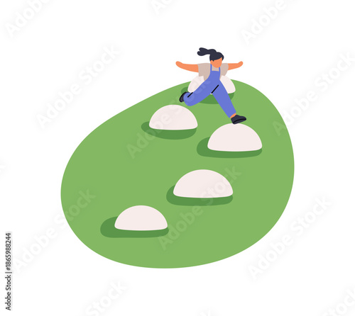 Happy little girl runs and jumps outdoors. Cute kid has fun on playground at school or kindergarten. Child plays in daycare, leaps in park. Flat isolated vector illustration on white background