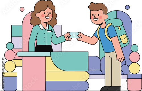 Hotel Receptionist Checking in a Smiling Male Traveler with a Backpack