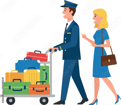 Hotel Porter Pushing Luggage Cart for Smiling Female Guest