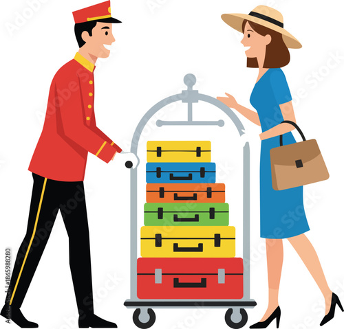 Hotel Bellhop Assisting a Female Traveler with Her Colorful Suitcases