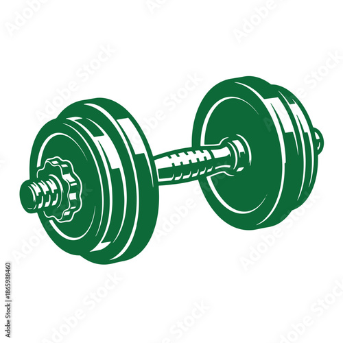 Green dumbbell with two weights and a screw thread handle for fitness and exercise at the gym