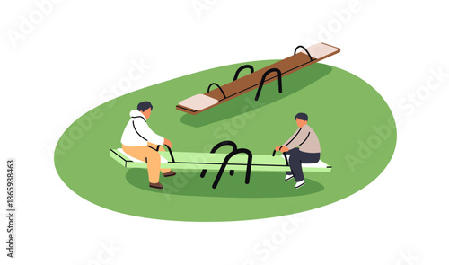 Cute little boys ride on seesaw together in the park. Happy kids swing on board on playground. Funny children play outdoors, have fun in kindergarten. Flat isolated vector illustration on white