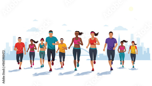 Large diverse group of male and female runners in athletic wear, actively participating in a race on an urban road with a city skyline backdrop.