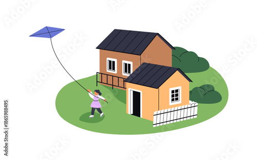 Kid holds string, flying a soaring in the sky kite in park. Cute little girl plays outdoors in summer. Happy child has fun with toy in nature. Flat isolated vector illustration on white background