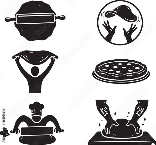Black and white vector set of six pizza-making icons showing dough rolling, tossing, kneading, and baking