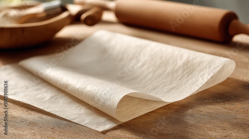 Close-up of a single sheet of baking paper on a wooden kitchen counter under natural light