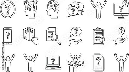 Set of question line icons, help, support, faq, thinking, confusion, problem solving, ask, answer, vector illustration collection isolated on white.