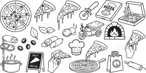 Black and white vector set of pizza icons including oven, delivery, slices, tools, and ingredients